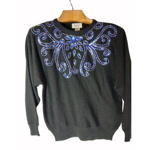Vintage Cervelle Black Sweater Blue Sequins Beaded Size S Oversized Bedazzled
